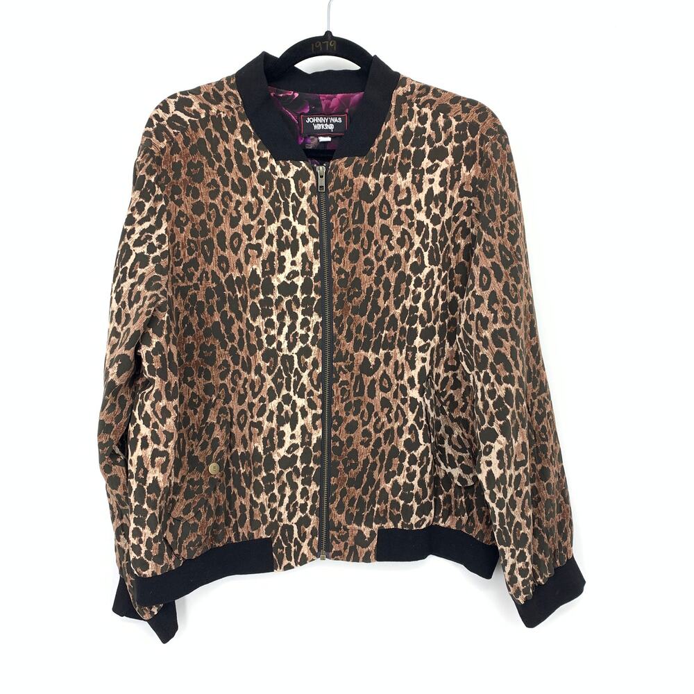 Johnny Was Workshop Bomber Jacket Womens L Leopard Animal Print Zip Front